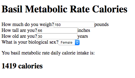 Screen capture of the Basil Metabolic Rate Calculator
